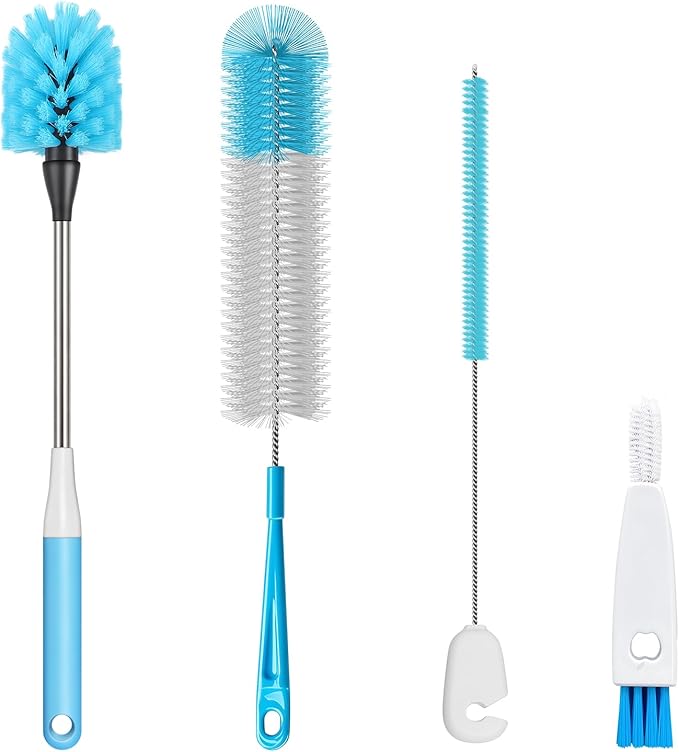 4-in-1 Bottle Brush, 16 Inches Stainless Steel Bottle Cleaner Brush with Long Handle Narrow Neck Bottle Brush, Straw Brush & Lid Brushe for Cleaning Wine Glasses,Coffee Mugs,Tumblers,Wine Decanters