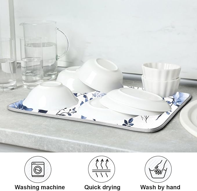 Blue White Porcelain Flower Dish Drying Mat for Kitchen Counter Absorbent Microfiber Drying Pad, Medium 16x18 in