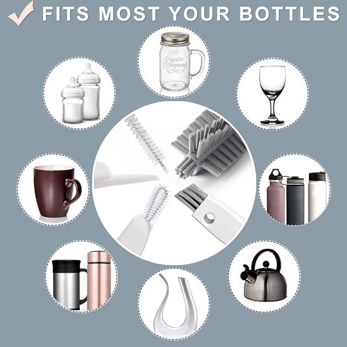 Bottle Cleaning Brush Set, Long Handle Silicone Cleaner Brushes + Thermos Lid Cup Brush + Drinking Straw Brush for Cleaning Baby Bottles, Narrow Neck Bottle, Sport Water Bottle,Tumbler,Glass Vase,3pcs