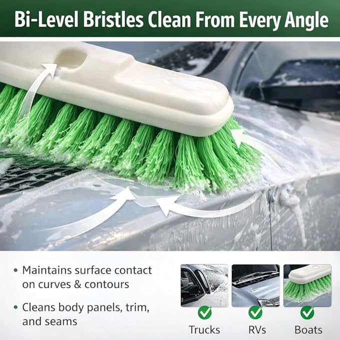 HI-TECH Industries 10" Bi-Level Flagged Super Soft Brush – Gentle Nylon Bristles – Crimped for Extra Cleaning Power – Threaded Handle Hole – Ideal for Trucks, SUVs, Boats, & Large Vehicles