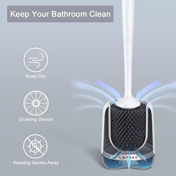 Lefree Toilet Brush and Holder Set, Silicone Brush with Ventilated Holder, Toilet Brush Set for Bathroom, Floor Standing & Wall Mounted Toilet Scrubber Without Drilling