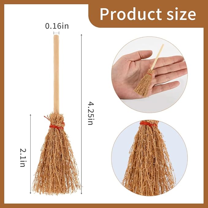 Miniature Artificial Mini Straw Brooms, 15Pcs Miniature Brooms with Red Ropes for Christmas Snowman Halloween Straw Craft Decoration Witches Accessory Costume Cosplay Party