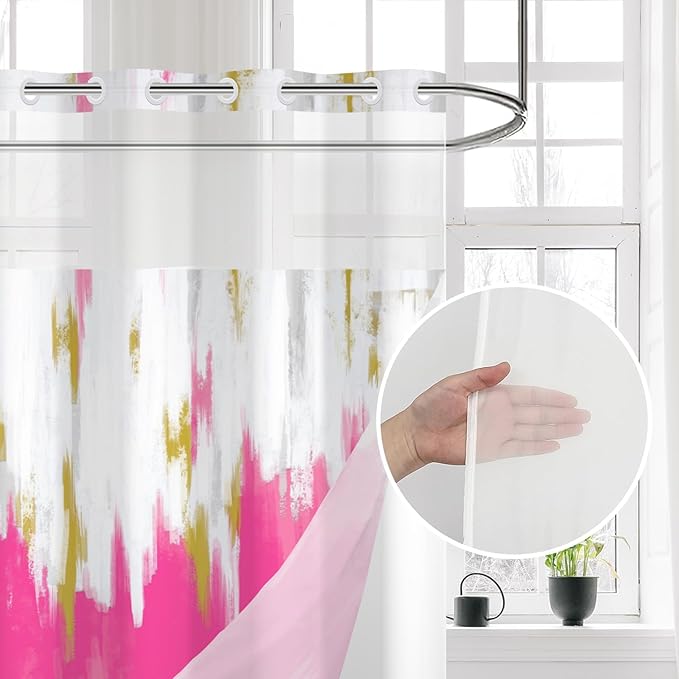 No Hook Shower Curtain with Snap in Liner, Hotel Style Hot Pink White Gold Brush Strokes Art Modern Shower Curtain Waterpoof Washable with See Through Top Window,71"x86"