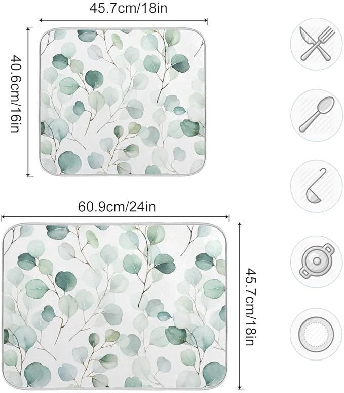 Green Leaves Dish Drying Mat 16x18 for Kitchen Counter Watercolor Herbs Women Kitchen Drying Mats Dishes Pad Absorbent Fast Dry Dish Draining Mats Medium Kitchen Accessories