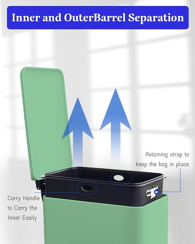 JM.YIPENG Bathroom Trash Can, 16.7L / 4 Gallon Rectangular Trash Can with Lid, Inner Bucket, Step Pedal, Stainless Steel Medium Garbage Can for Kitchen, Living Room, Office, Dorm, Green