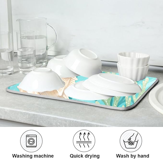 Coral Sea Shells Stars Pattern Dish Drying Mat for Kitchen Counter Super Absorbent Drying Mat 18x24 inch Large Dish Drying Matts for Countertop Protector Dishes Pad