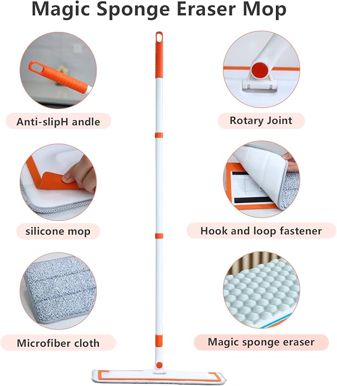 Magic Sponge Eraser Mop, 56" Handle with Flexible 15" Flat Head,2 Microfiber Pad and 3 Magic Sponge Eraser Pads (Mop Set,15" Mop-Head)
