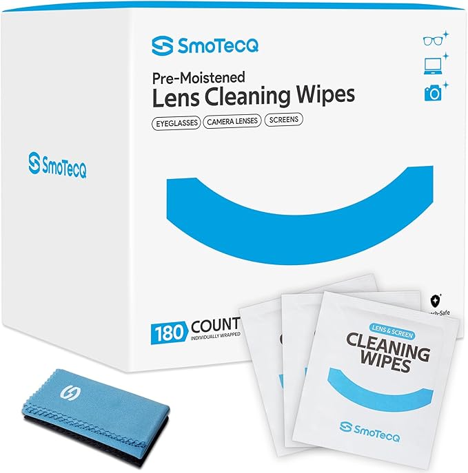 SmoTecQ Lens Wipes for Glasses, 180 Individually Wrapped Eyeglass Cleaning Wipes with 2 Microfiber Cloths for a Streak-Free Finish, Safe for Coated Lenses, Screens & Camera Lenses