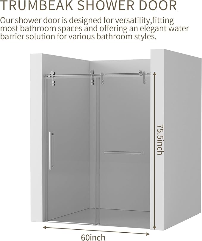 56-60" W x 76" H Frameless Shower Door,Sliding Shower Door with 5/16"(8mm) Clear SGCC Tempered Glass,Glass Shower Door w/Seal Strip Parts and Handle,Stainless Steel Hardware,Silvery