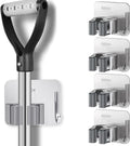 Broom Holder Self Adhesive No Drill Wall Mount Mop Broom Organizer with Hook Heavy Duty Stainless Steel Garden Tool Organizer Garage Storage and Organization Hanger (Silver + Grey)