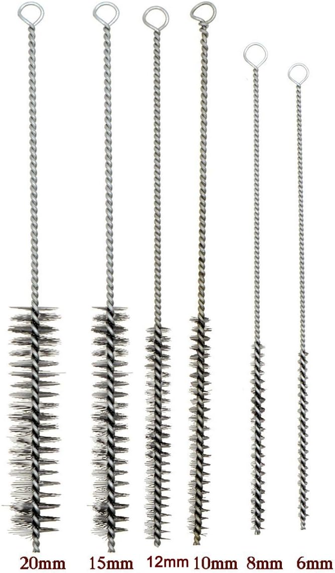 YXQ 12Pcs Tube Brush Kit Stainless Steel/Brass Round Wire Pipe Cleaner Long-Handle Metal Bristle Cleaning for Auto Parts, Bottles, 12 inch X 6mm/8mm/10mm/12mm/15mm/20mm