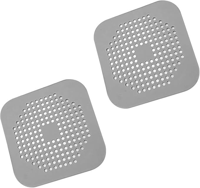 Square Drain Cover for Shower 5.7-inch TPR Drain Hair Catcher Flat Silicone Plug for Bathroom and Kitchen Filter Shower Drain Protection Flat Strainer Stopper with Suction Cups 2 Pack (Grey)