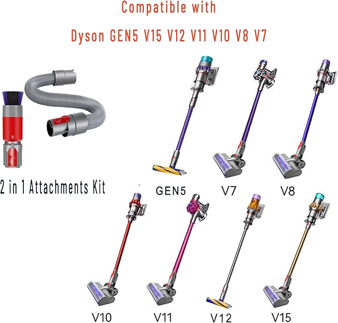 Scratch-free Dusting Brush & 63”Flexible Extension Hose Attachments for Dyson GEN5 V15 V12 V11 V10 V8 V7 Cordless Vacuum Cleaner, Ideal for Car Detailing, Keyboard/Blinds Cleaning,Delicate Surfaces