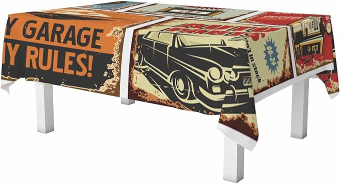 Vintage Car Tin Signs Table Linens 52x70 Old Rusty Posters Retro Auto Service Flyer Table Cloth Rectangle Table for Dining Kitchen Banquet Party Decorative Outdoor Picnic