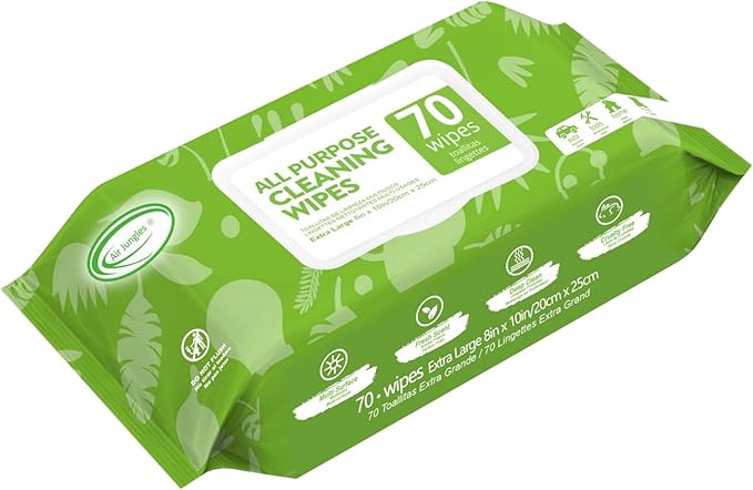 Air Jungles All Purpose Cleaning Wipes 70 Count, Bleach Free Extra Large 8" x 10" Heavy Duty for Car Interior, Kitchen, Bathroom, Countertop, Office, Tools - Non-Toxic Safe for Multi-Surface