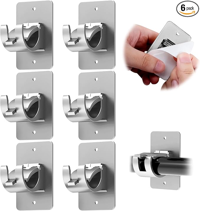 6PCS No Drill Curtain Brackets, Self-Adhesive Rod Holders, Universal Plastic Nail Free Adjustable, Curtain Hooks for Rods Less Than 1.57 Inch Diameter (Sliver)