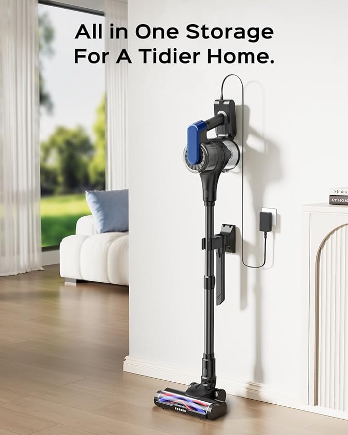 Cordless Stick Vacuum Cleaner – 3-in-1 Brush Roll for Hard Floors and Carpets, 55 Min Runtime Rechargeable Lightweight Vacuum with Green LED Headlight for Pet Hair and Dust Cleaning