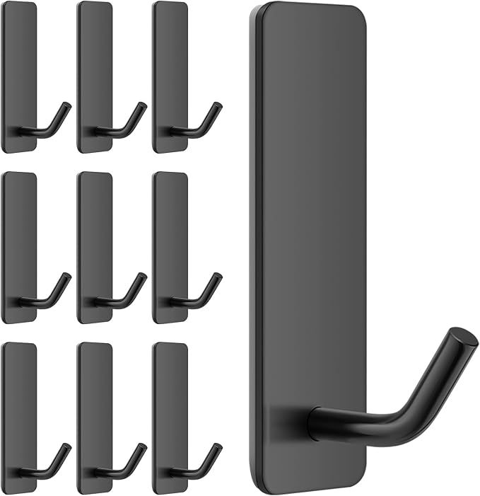 Small Self Adhesive Hooks for Walls No Damage, 6-Pack Stainless Steel Stick on Hooks for Hanging Towel Key Hat Bag Jewelry, Sticky Hangers for Kitchen Bathroom Door (Black(10pcs))