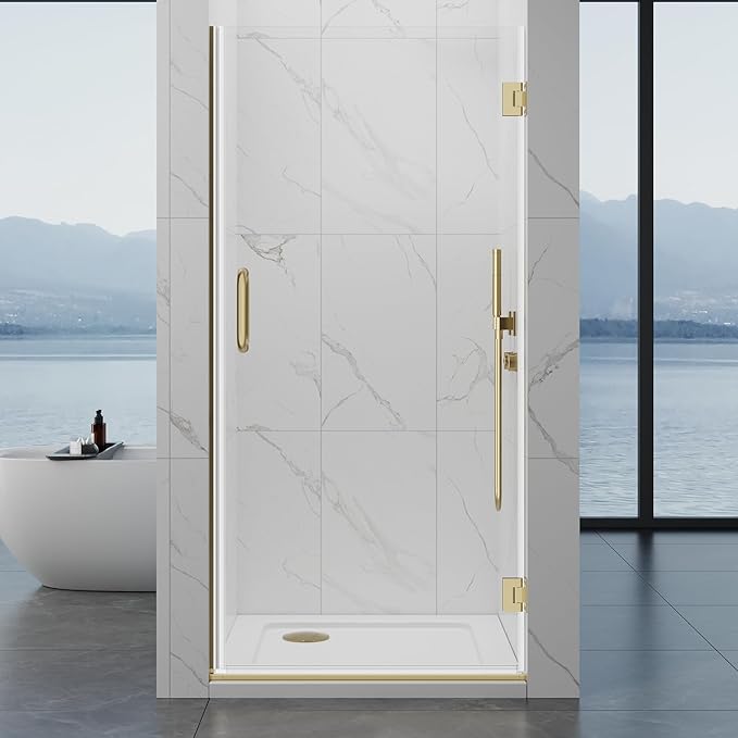 Framelss Hinged Shower Door, 34" W x 76" H Single Swing Pivot Shower Door, 3/8" (10mm) Tempered Glass with Nano Coating, Stainless Handle, Glass Door for Walk-in Shower - Brushed Gold