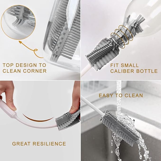 Bottle Cleaning Brush Set, Long Handle Silicone Cleaner Brushes + Thermos Lid Cup Brush + Drinking Straw Brush for Cleaning Baby Bottles, Narrow Neck Bottle, Sport Water Bottle,Tumbler,Glass Vase,3pcs