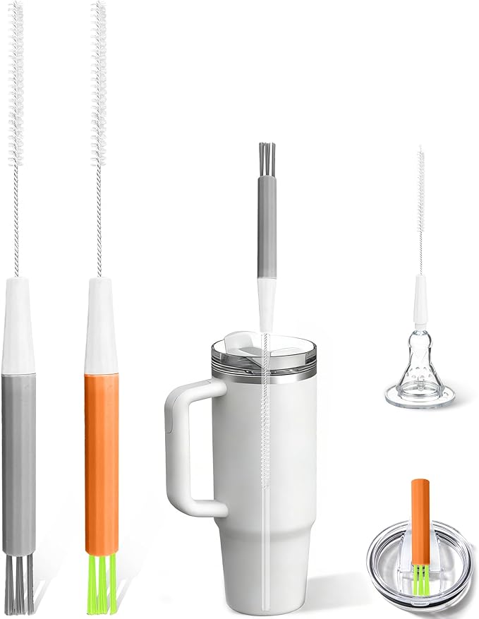 PROOCI Straw Cleaner Brush for Stanley, 2-Pack Multi 3 in 1 Extra Long Straw Cleaning Brush Set for Reusable Straws, Tumblers, Lids, Sippy Cups, Water Bottle, Nipples & Fine Gaps - Orange & Gray