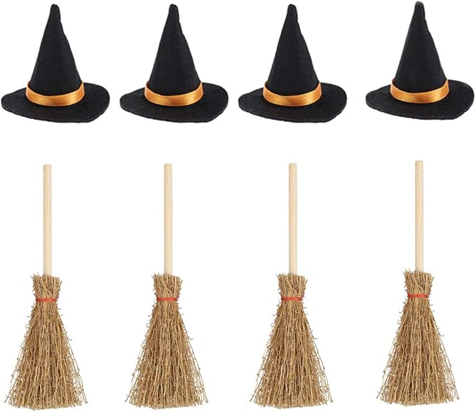 Mini Witch Hats and Brooms - Halloween Decorations for Party Favors, Birthday, Wedding, DIY Crafts Accessories - Set of 12 (6 Black Witch Hats + 6 Broom Sticks)