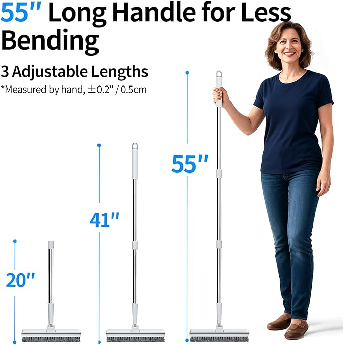 Floor Scrub Brush with 55" Long Handle, 2-in-1 Floor Brush with Built-in Squeegee, Adjustable Angle Head and Stiff Bristles for Tile, Wood, Concrete & Textured Floor Cleaning