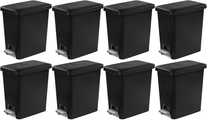 Sterilite 2.7 Gallon Rectangular Step On Kitchen Trash Bin Plastic Indoor Wastebasket with Removable Liner and Bag Holding Feature, Black (8 Pack)