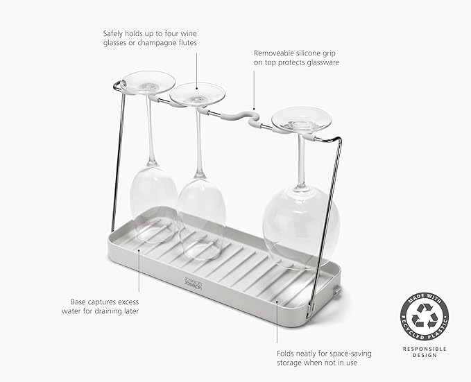 Joseph Joseph DrySmart Folding Stemmed Wine Glass Drying Rack, Space-Saving Draining Board Organizer, Made from Recycled Plastic