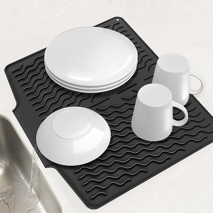 Dish drying mats for kitchen counter, Silicone dish drying mat ,Heat resistant mats for countertop,With drain port ,Stone drying mat for kitchen counter (15.6" x 13", black)