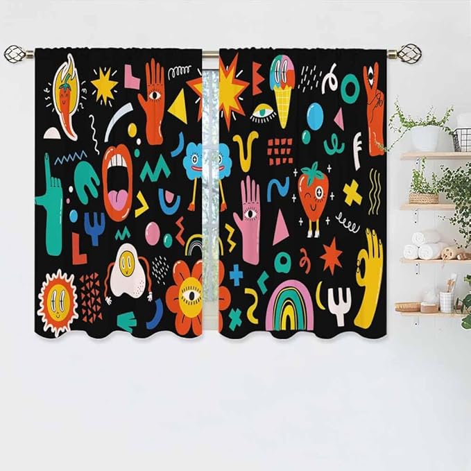 Cartoon Retro Symbol Kitchen Curtains Funny Crazy Abstract Shapes Hipster Music Modern Humor Short Tier Curtains for Bathroom Cafe Small Window Drapes Treatment 2 Panels (27.5x39 Inch)