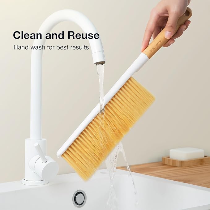 Hand Broom Cleaning Brush, Soft Bristle Dust Brushes with Wood Handle, Household Cleaning Brushues for Car, Carpet, Garden, Clothes, Various Furniture Such As Beds, Sofas (Natural)
