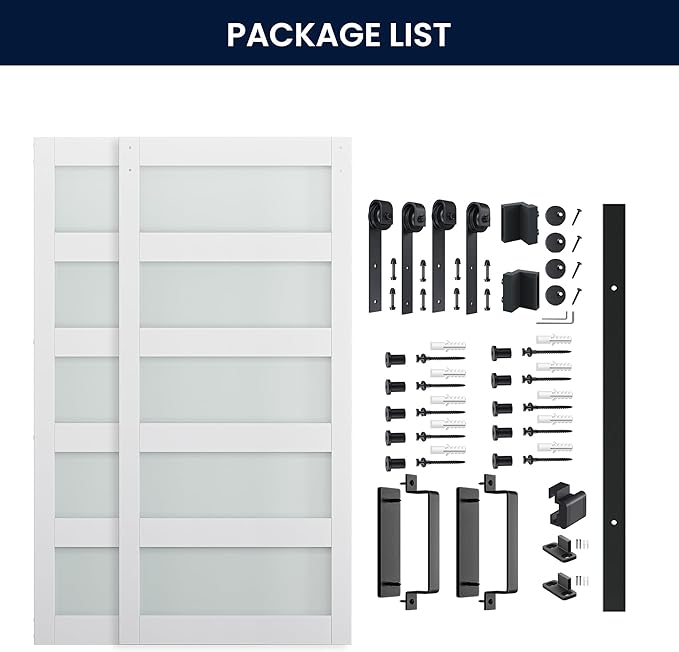 SmartStandard 84 x 84 in (Double 42×84 Door) Glass Barn Door with 14FT Sliding Hardware Kit & Handle, Pre-Drilled Ready to Assemble, Waterproof PVC Coating, 5-Panel Glass, White