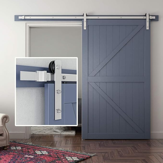 SMARTSTANDARD 8 Feet Brushed Nickel Sliding Barn Hardware Kit-Sturdy Silvery Track-Smoothly and Quietly-Simple and Easy to Install-Fit 48" Wide Door Panel (I Shape Hanger)