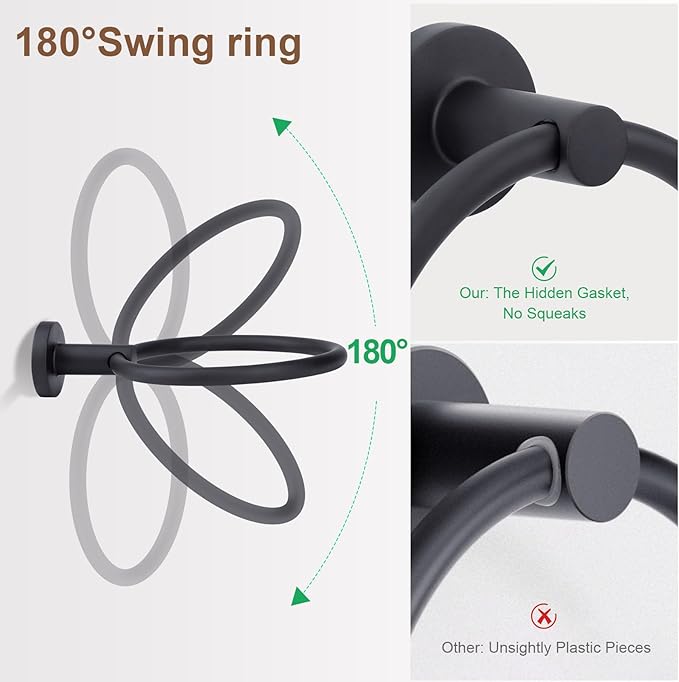 Matte Black Toilet Paper Holder Set, Stainless Steel Towel Ring, Double Post Pivoting Toilet Paper Holder and Hand Towel Holder Set for Bathroom,Bathroom Hardware Accessories Set Black