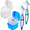 2 Pack Denture Bath Case Cup Box Holder Storage Container with Denture Cleaner Brush Strainer Basket for Travel Cleaning (White and Light Blue)