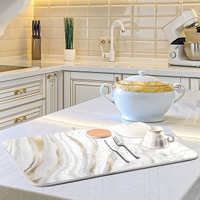 Marble Dish Drying Mat for Kitchen Counter White Golden Marble Gary Grey Drying Mats Super Absorbent Reversible Microfiber Kitchen Countertop Protector Dishes Pad Medium 16x18 inch