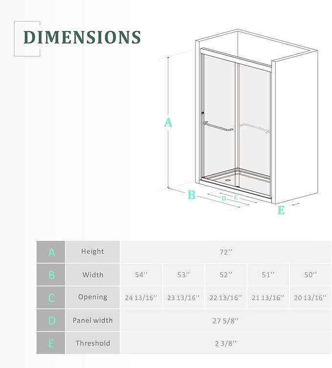 Brushed Gold 50-54'' x 72'' Semi-Frameless Glass Shower Door,Bathroom Sliding Door with 1/4'' Clear Tempered Glass,Stainless Steel Hardware Double Handles Reversible Easy Installation Bypass Doors