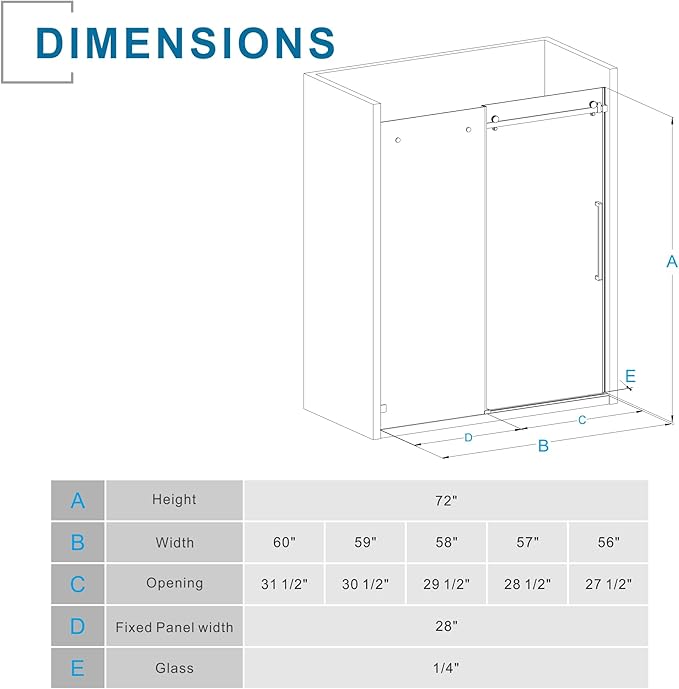 Frameless Shower Door 60" W x 72" H, 1/4" Clear Tempered Glass, Sliding Design, Reversible Installation, Chrome Finish, Space-Saving Glass Shower Door for Small Bathrooms