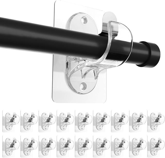 ANDGOO 18 Pack Adhesive Curtain Rod Brackets, No Hole, No Drilling, No Tool, No Nail, Heavy Duty Stick on Curtain Rod Holder Hangers Bedroom, Bathroom, Living Room, Transparent