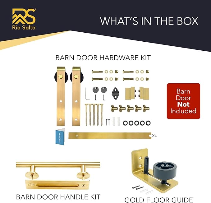 Rio Salto Gold Barn Door Hardware Kit Adjustable Length Sliding Door Hardware Modern Barn Interior Brushed Brass Panel Hardware (Hardware Kit Plus, 8ft - Single Door)