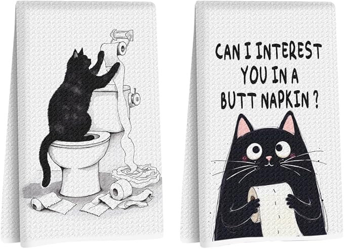 Hanamiya Na 2Pcs Funny cat Hand Towel for Bathroom 24x14 Inch, Funny Absorbent Microfiber Dish Cloth Bathroom Towel, Waffle Weave Hand Towels for Toilet Home, Cat Lover Gifts