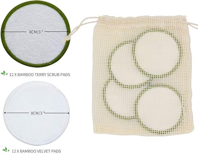 Chloven Reusable Makeup Remover Pads 24 Pack - Washable Eco-Friendly Bamboo Velour Pads for All Skin Types,Bamboo Reusable Cotton Rounds for Toner, with Cotton Bag and Round Box for Storage