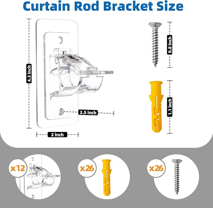 Antimbee 12-Pack No Drill Needed Curtain Rod Brackets, Self Adhesive Rod Holders, Multipurpose Nail Free Stick on Curtain Rod Hooks, Curtain Hangers for Dorm, Bathroom, Bedroom, Livingroom Decor