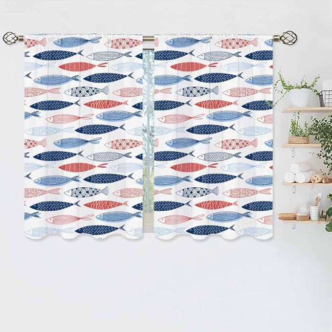 Fish Kitchen Curtains Abstract Colored Fashion Blue Red Pink Striped Wildlife Short Tier Curtains for Bathroom Cafe Small Window Drapes Treatment 2 Panels (27.5x39 Inch)