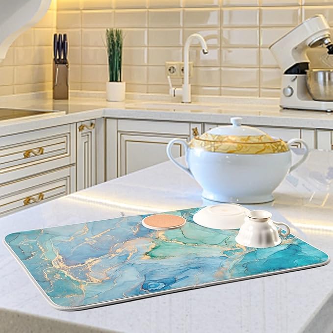Marble Dish Drying Mat for Kitchen Counter Blue Teal Turquoise Gold Drying Mat 16 x 18 Inch with High Absorbent Reversible Microfiber Dish Drying Pad Dish Rack Pad Drainer Mat for Coffee Bar