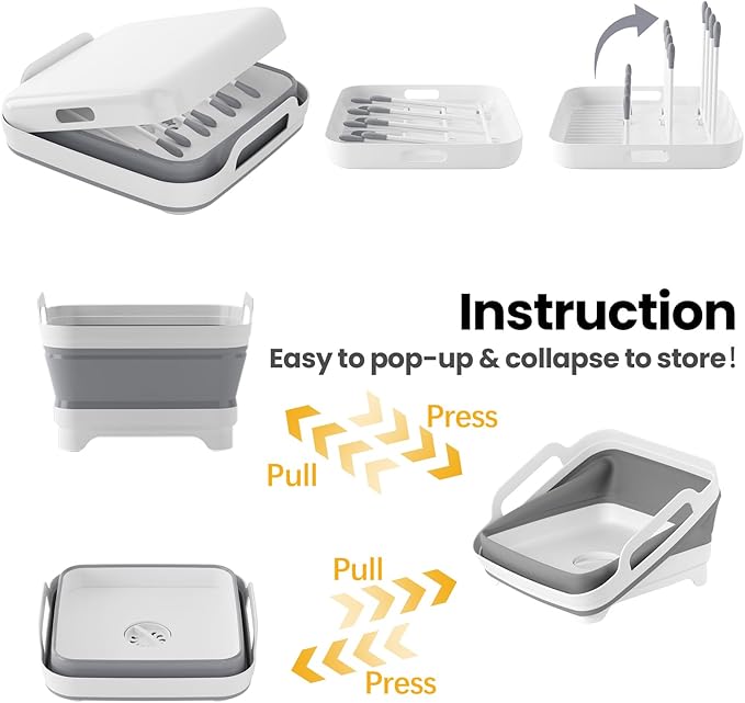 Collapsible Wash Basin for Baby Bottles - Portable 2.4 Gallon Dish Tub with Drying Rack & Lid, Foldable Sink for Camping, Outdoor Space-Saving Tub for Kitchen, RV, Camping, Outdoor Use