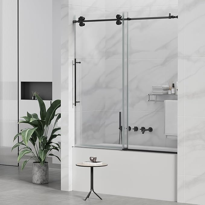 Sunrosa 60" W x 60" H Frameless Tub Shower Door, Sliding Tub Door with Handle, Glass Bathtub Shower Door with 5/16" (8mm) Clear SGCC Tempered Glass, Black