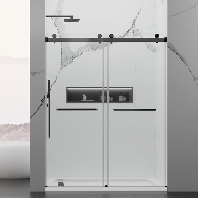 56-60 in. W x 76 in. H Double Sliding Frameless Shower Door, 5/16" (8mm) Tempered Glass with Double Nano Coating, Easy-to-Clean Bathroom Glass Door （Matte Black）
