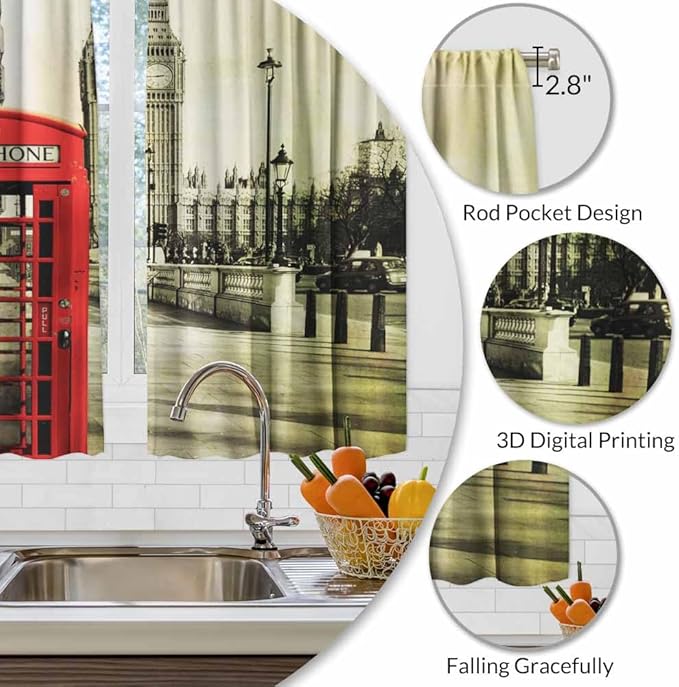 London Kitchen Curtains City Red Telephone Booth Big Ben Retro Romantic Building Short Tier Curtains for Bathroom Cafe Small Window Drapes Treatment 2 Panels (27.5x39 Inch)